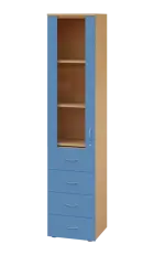 LE - 44 skříň léková prosklená, levá, korpus javor horský, dvířka pastelově modrá